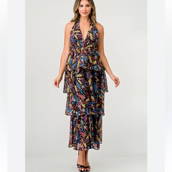 MEET ME IN SANTORINI FLORAL HALTER TIERED RUFFLE FOREST FAIRY MAXI DRESS SIZE XS - Picture 1 of 15